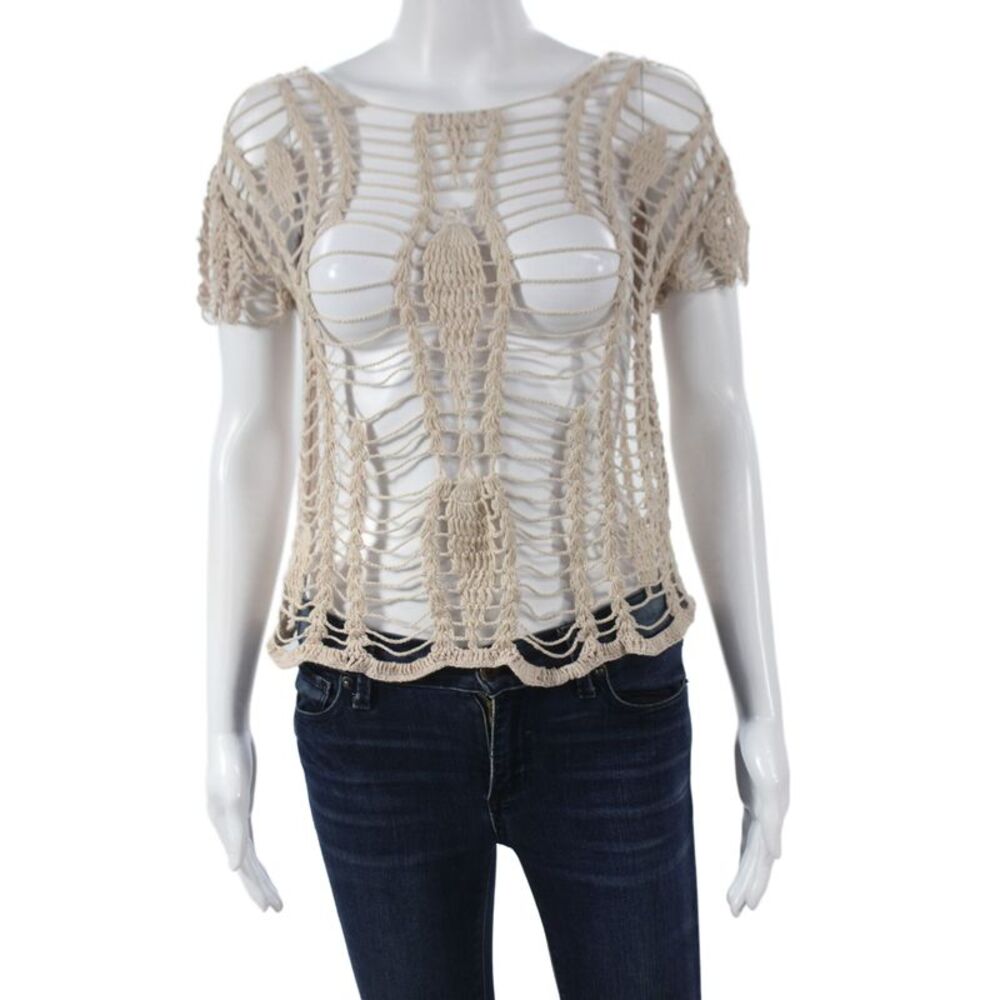 Tularosa Womens Boho Cropped Cotton Blouse Short Sleeve Round Neck Beige Size S